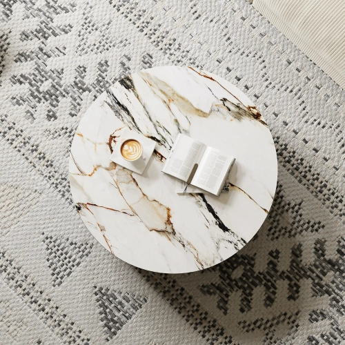 Table basse ronde de 35&nbsp;po en pierre frittée en tambour de POVISON avec espace de rangement et tiroirs noirs