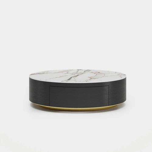 Table basse ronde de 35&nbsp;po en pierre frittée en tambour de POVISON avec espace de rangement et tiroirs noirs