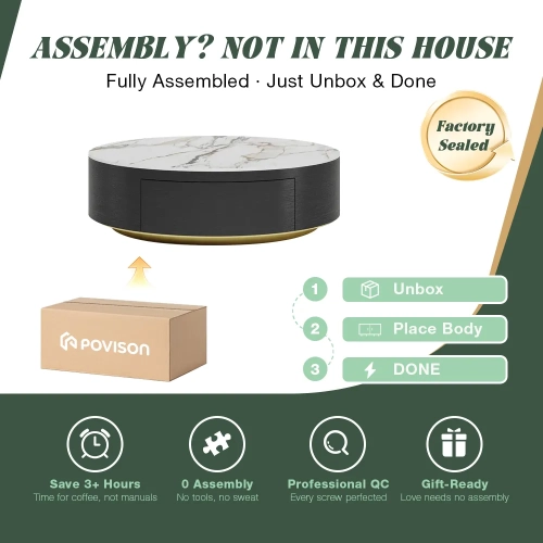 Table basse ronde de 35&nbsp;po en pierre frittée en tambour de POVISON avec espace de rangement et tiroirs noirs