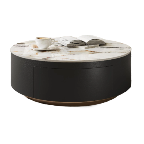 39" Round Drum Sintered Stone Coffee Table with Storage and Black Drawers