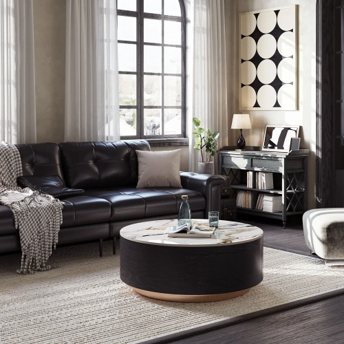 39" Round Drum Sintered Stone Coffee Table with Storage and Black Drawers