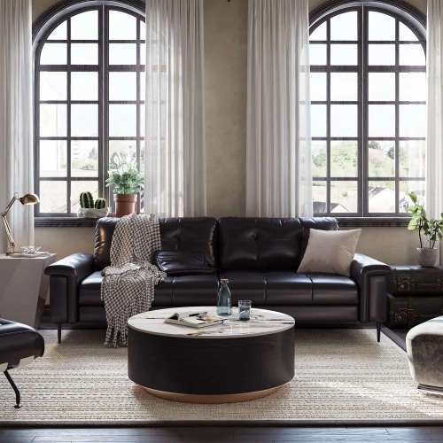 39" Round Drum Sintered Stone Coffee Table with Storage and Black Drawers