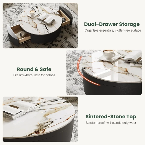 39" Round Drum Sintered Stone Coffee Table with Storage and Black Drawers