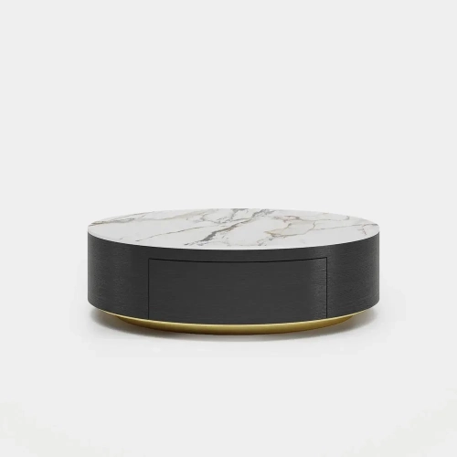 39" Round Drum Sintered Stone Coffee Table with Storage and Black Drawers
