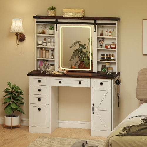 Gymax Vanity Desk w/Touch Screen Mirror Farmhouse Dressing Table w/Charging Station