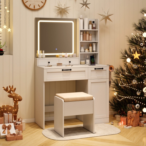 Gymax Vanity Set w/Cushioned Stool Makeup Table w/Adjustable Lighting Mode Brightness