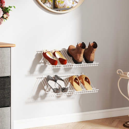 Gymax Set of 2 Metal Wire Shelving Unit Sloping Shoe Racks w/ Heightened Edge