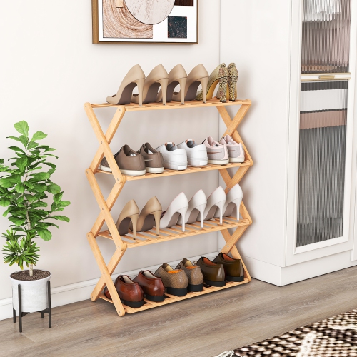 Gymax 4-Tier Foldable Bamboo Shoe Rack Multi-Functional Freestanding Planter Hallway