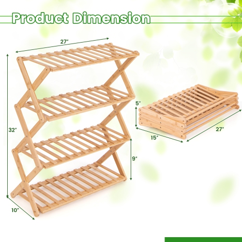 Gymax 4-Tier Foldable Bamboo Shoe Rack Multi-Functional Freestanding Planter Hallway