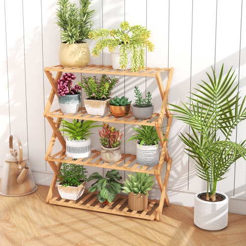 Gymax 4-Tier Foldable Bamboo Shoe Rack Multi-Functional Freestanding Planter Hallway