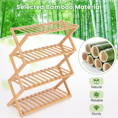 Gymax 4-Tier Foldable Bamboo Shoe Rack Multi-Functional Freestanding Planter Hallway