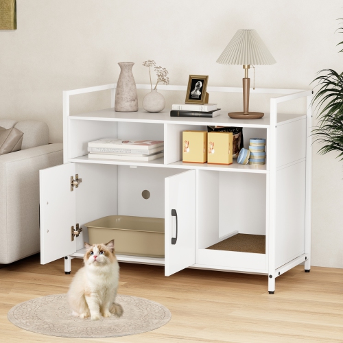 Gymax Cat Litter Box Enclosure w/ Storage Compartments Removable Scratching Board