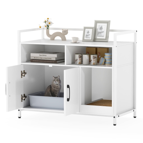 Gymax Cat Litter Box Enclosure w/ Storage Compartments Removable Scratching Board