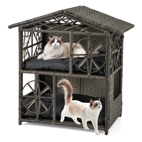 Gymax Outdoor Rattan Cat House 2-Tier Wicker Windows Removable Cushions Large Entrance
