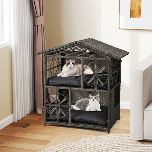 Gymax Outdoor Rattan Cat House 2-Tier Wicker Windows Removable Cushions Large Entrance