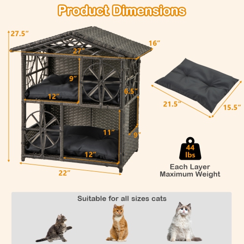Gymax Outdoor Rattan Cat House 2-Tier Wicker Windows Removable Cushions Large Entrance