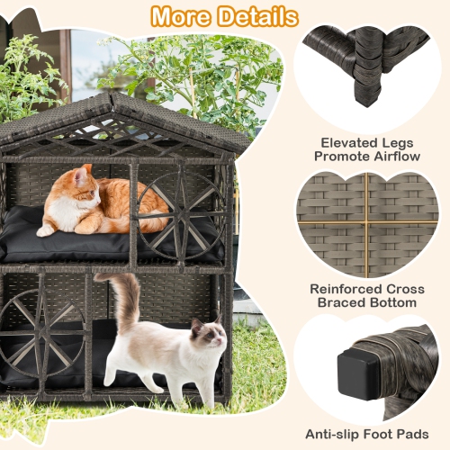 Gymax Outdoor Rattan Cat House 2-Tier Wicker Windows Removable Cushions Large Entrance