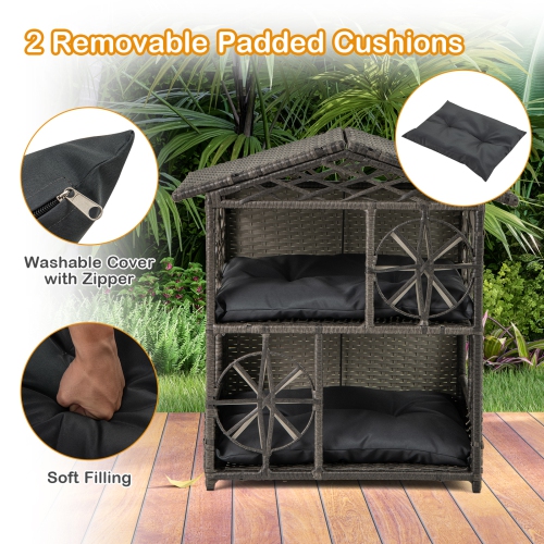 Gymax Outdoor Rattan Cat House 2-Tier Wicker Windows Removable Cushions Large Entrance