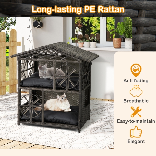 Gymax Outdoor Rattan Cat House 2-Tier Wicker Windows Removable Cushions Large Entrance