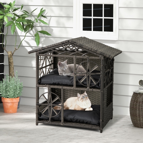 Gymax Outdoor Rattan Cat House 2-Tier Wicker Windows Removable Cushions Large Entrance