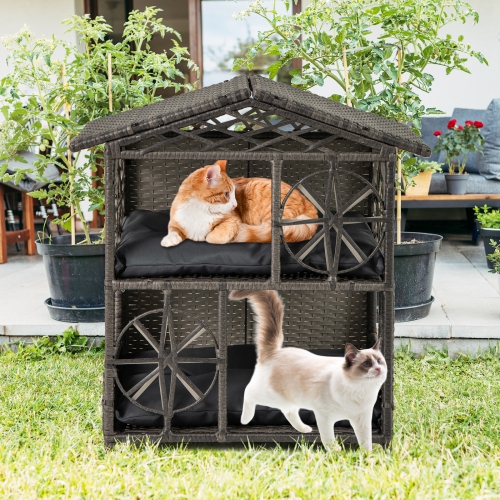 Gymax Outdoor Rattan Cat House 2-Tier Wicker Windows Removable Cushions Large Entrance