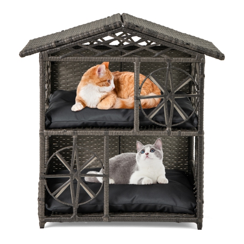 Gymax Outdoor Rattan Cat House 2-Tier Wicker Windows Removable Cushions Large Entrance