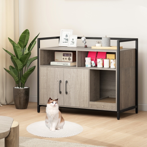 Gymax Cat Litter Box Enclosure w/ Storage Compartments Removable Scratching Board