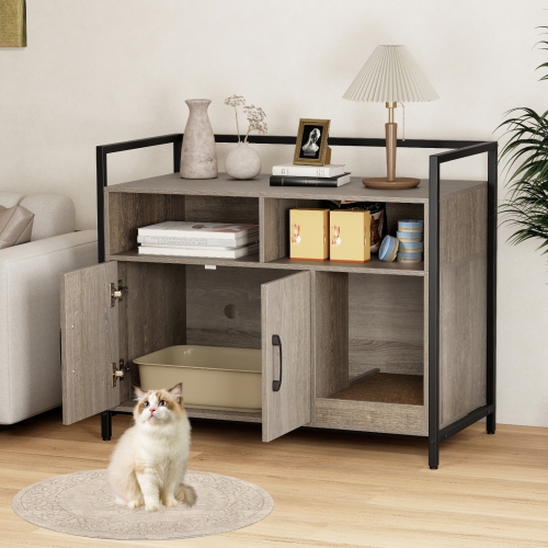 Gymax Cat Litter Box Enclosure w/ Storage Compartments Removable Scratching Board