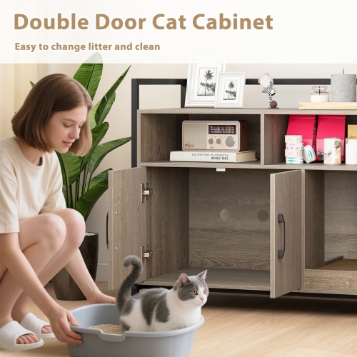 Gymax Cat Litter Box Enclosure w/ Storage Compartments Removable Scratching Board