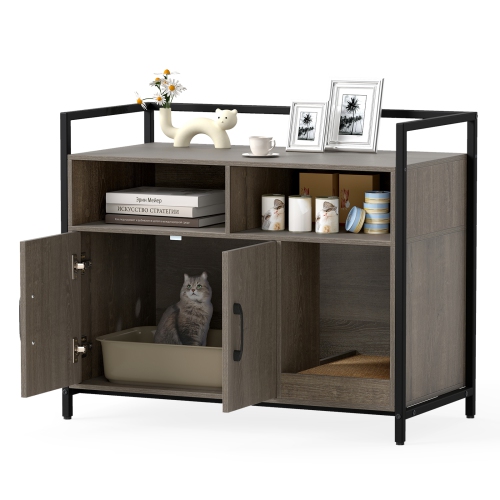 Gymax Cat Litter Box Enclosure w/ Storage Compartments Removable Scratching Board