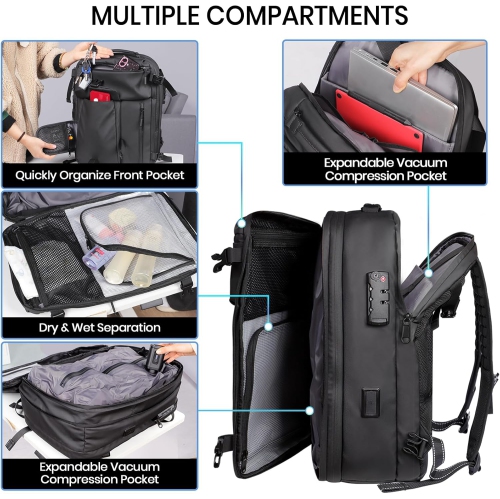 Travel Backpack for Women Men, Airline Certified Travel Backpack, Vacuum Backpack with USB Ports and Electric Pumps, Anti-Theft Waterproof 18 Inch