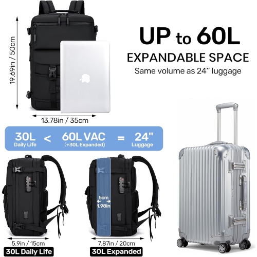 Travel Backpack for Women Men, Airline Certified Travel Backpack, Vacuum Backpack with USB Ports and Electric Pumps, Anti-Theft Waterproof 18 Inch