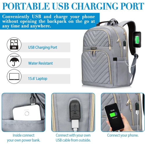 Backpack for Women Men, School Backpacks for Boys Girls, 15.6 Inch Quilted Laptop Backpack with USB Charger Port, Large Water Resistant Bookbags for