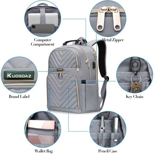 Backpack for Women Men, School Backpacks for Boys Girls, 15.6 Inch Quilted Laptop Backpack with USB Charger Port, Large Water Resistant Bookbags for