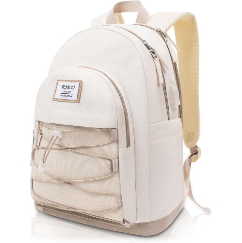 Aesthetic Backpack for Teen Girls,Cute School Bookbag with 15.6in Laptop Compartment for Women College Students,Khaki Beige