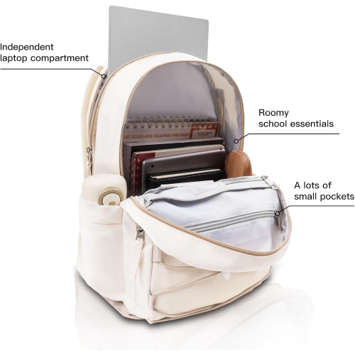 Aesthetic Backpack for Teen Girls,Cute School Bookbag with 15.6in Laptop Compartment for Women College Students,Khaki Beige