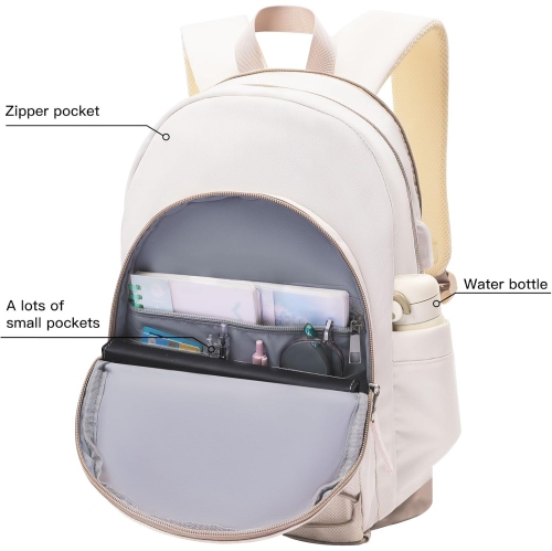 Aesthetic Backpack for Teen Girls,Cute School Bookbag with 15.6in Laptop Compartment for Women College Students,Khaki Beige