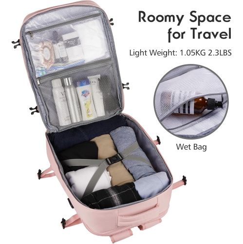M Large Travel Backpack Women, Flight Approved Carry On Backpack, Water Resistant Anti-Theft Casual Daypack School Bag,17.3 inch,Pink