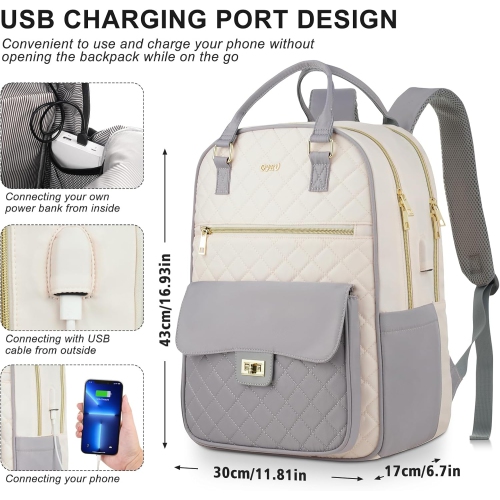 Backpack for Women,Laptop Bag for Travel Work College Teacher,School Backpack for Teen Girls Student,Sac a Dos Femme Voyage,Ladies Gifts,GrayBeige