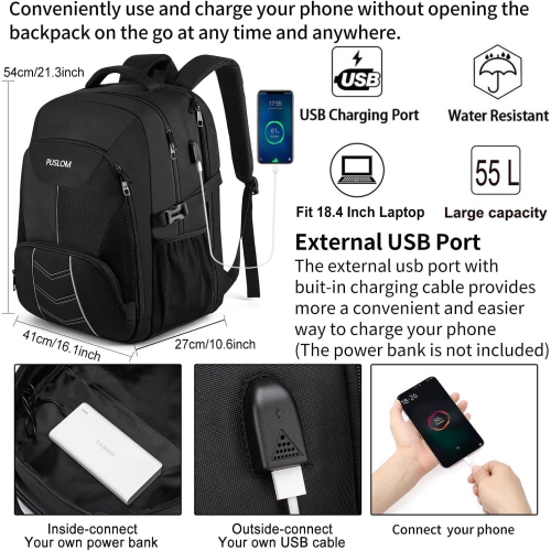 Extra Large Travel Laptop Backpack for Men 55L,Water Resistant 18.4 inch Big Business Laptop Bookbags with USB Charging Port,TSA Friendly Anti Theft