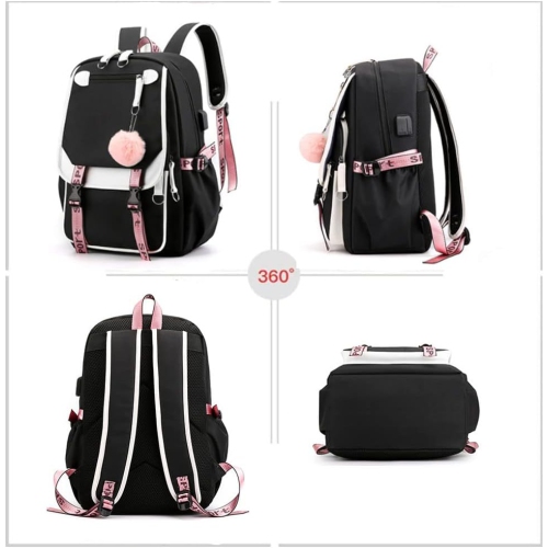 Kids Backpacks For Teen Girls With USB Port, cute black backpack Can Hold 15.6in Notebook,Tablets.Girls Backpack Can Be Used As Gift for Students Or