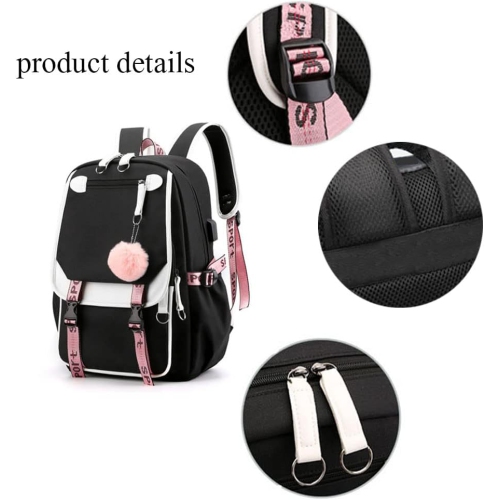 Kids Backpacks For Teen Girls With USB Port, cute black backpack Can Hold 15.6in Notebook,Tablets.Girls Backpack Can Be Used As Gift for Students Or