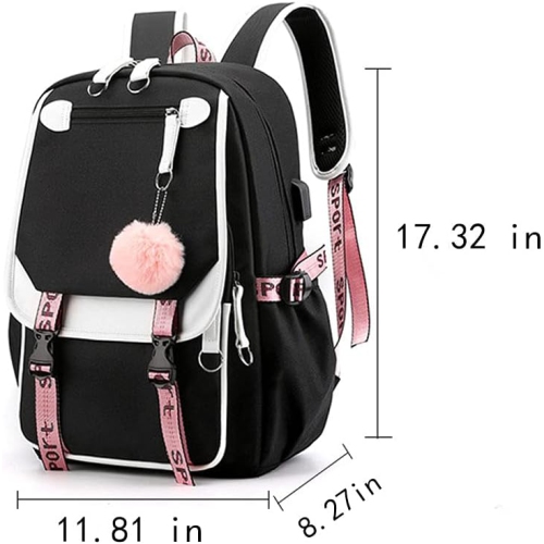Kids Backpacks For Teen Girls With USB Port, cute black backpack Can Hold 15.6in Notebook,Tablets.Girls Backpack Can Be Used As Gift for Students Or