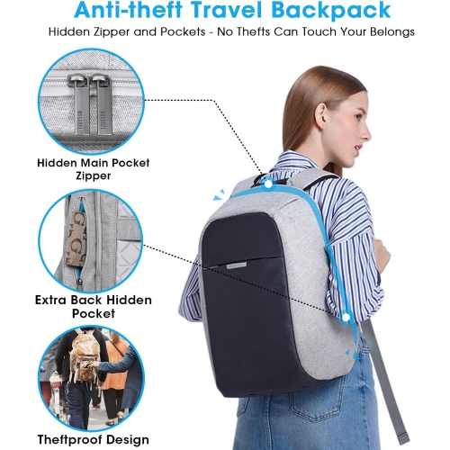 Anti Theft Backpack - 15.6 Inch Laptop Travel Backpack with Hidden Zipper and USB Charging Port - Waterproof Business Computer Bag for Men & Women