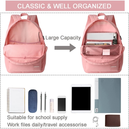 Lightweight Casual Laptop Backpack with USB Charging Port for Men and Women School Bookbag for College(Pink)