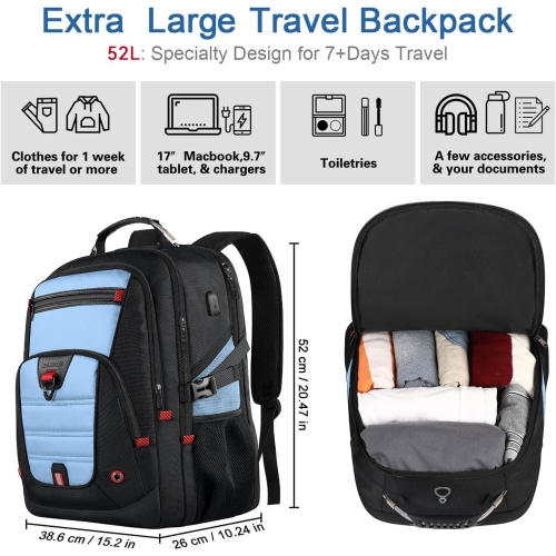 Big Backpack for Travel, 52L Large Anti-Theft Computer Backpack for Women Men, Heavy Duty Laptop Bag 17.3 Inch with USB Port, College Business Work