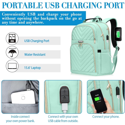 Travel Laptop Backpack for Women, School Backpack for Girls, 15.6 Inch Quilted Work Backpack Purse with USB Charging Port, Large Anti-theft Teacher