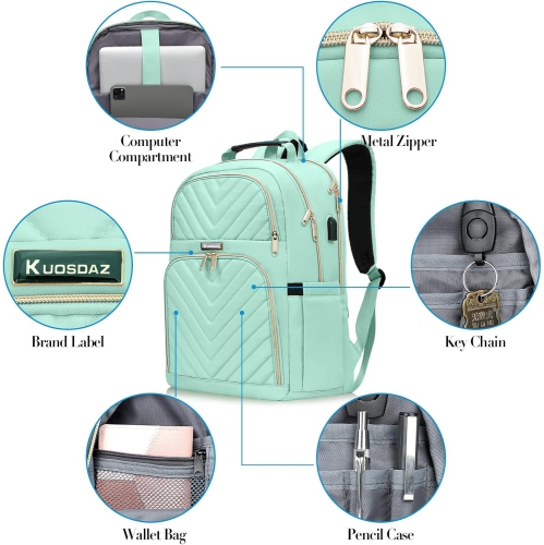 Travel Laptop Backpack for Women, School Backpack for Girls, 15.6 Inch Quilted Work Backpack Purse with USB Charging Port, Large Anti-theft Teacher