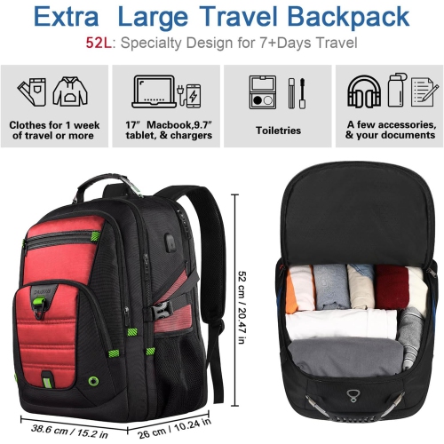 52L Extra Large Laptop Backpack, Travel Computer Bag with USB Port, TSA-Approved Business Rucksack for Men Women, Heavy Duty Backpack Fits 17.3 Inch