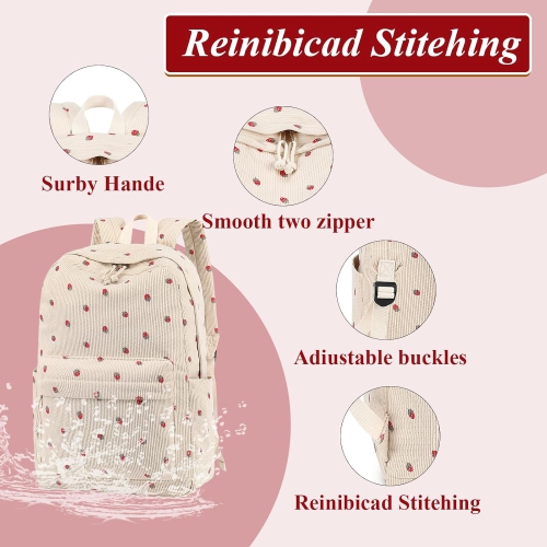School Backpack Teen Girls Lightweight Bookbags Elementary Middle School College Back Pack Women Laptop Casual Daypacks, Strawberry Beige, Girls